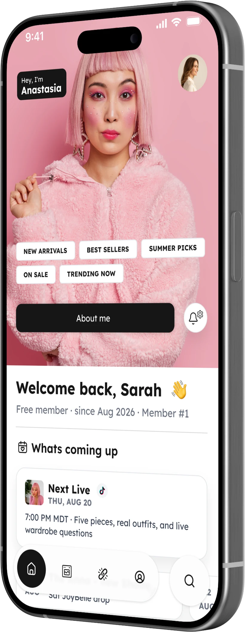 The Komigo app on an iPhone: a creator’s profile with a Welcome back greeting and a Next Live card.